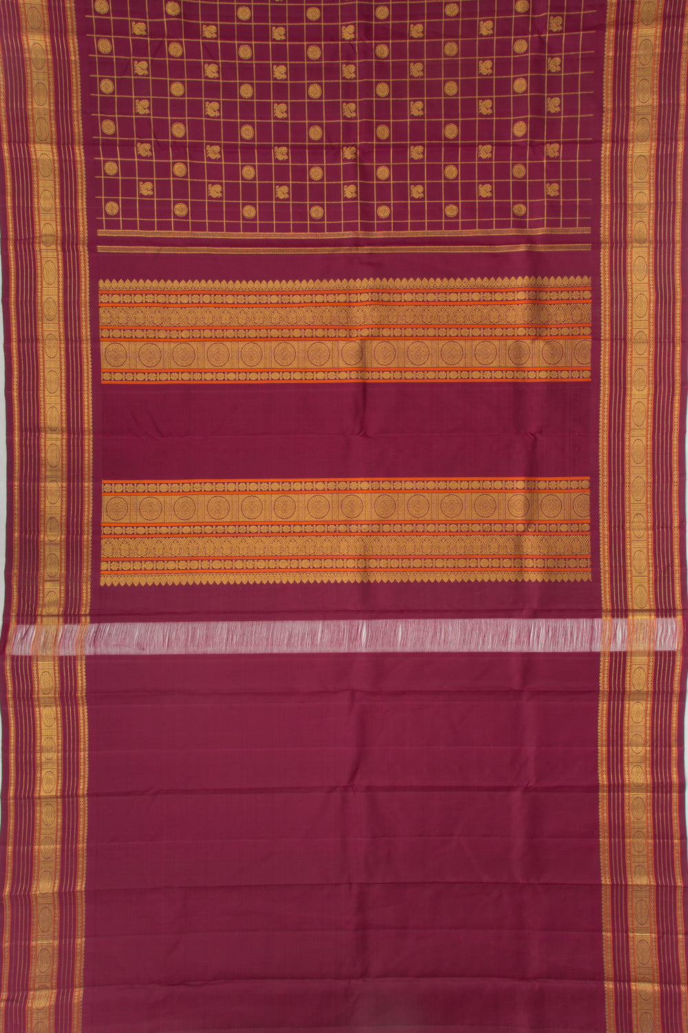 Kanchipuram Silk Checks And Butta Burgundy Saree