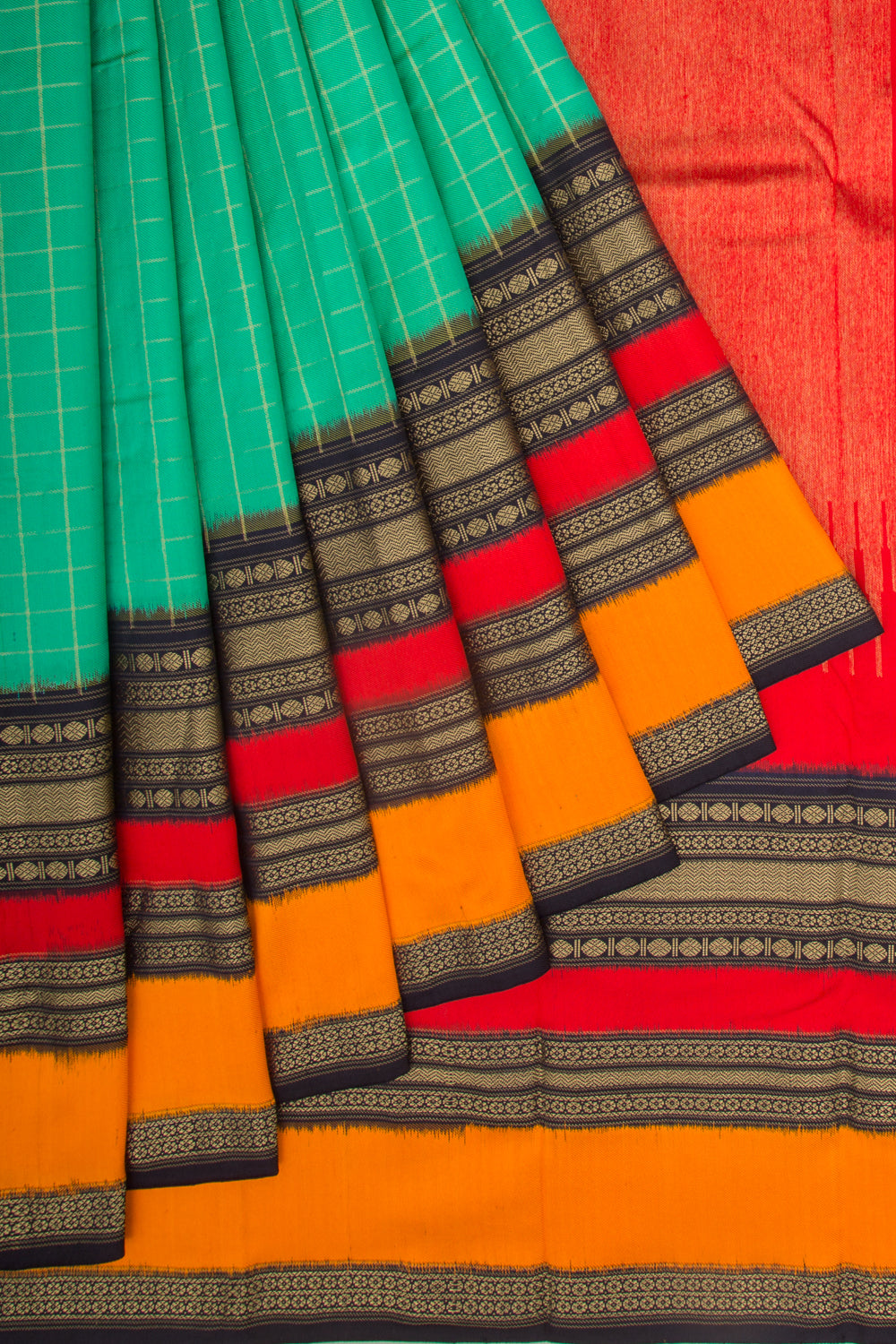 Kanchipuram Silk Twill Checks Sea Green Saree