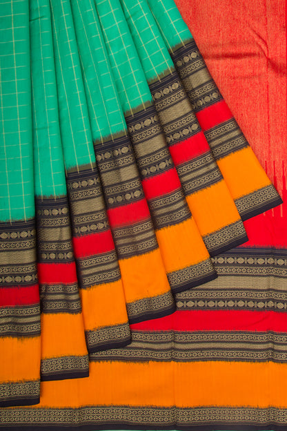 Kanchipuram Silk Twill Checks Sea Green Saree