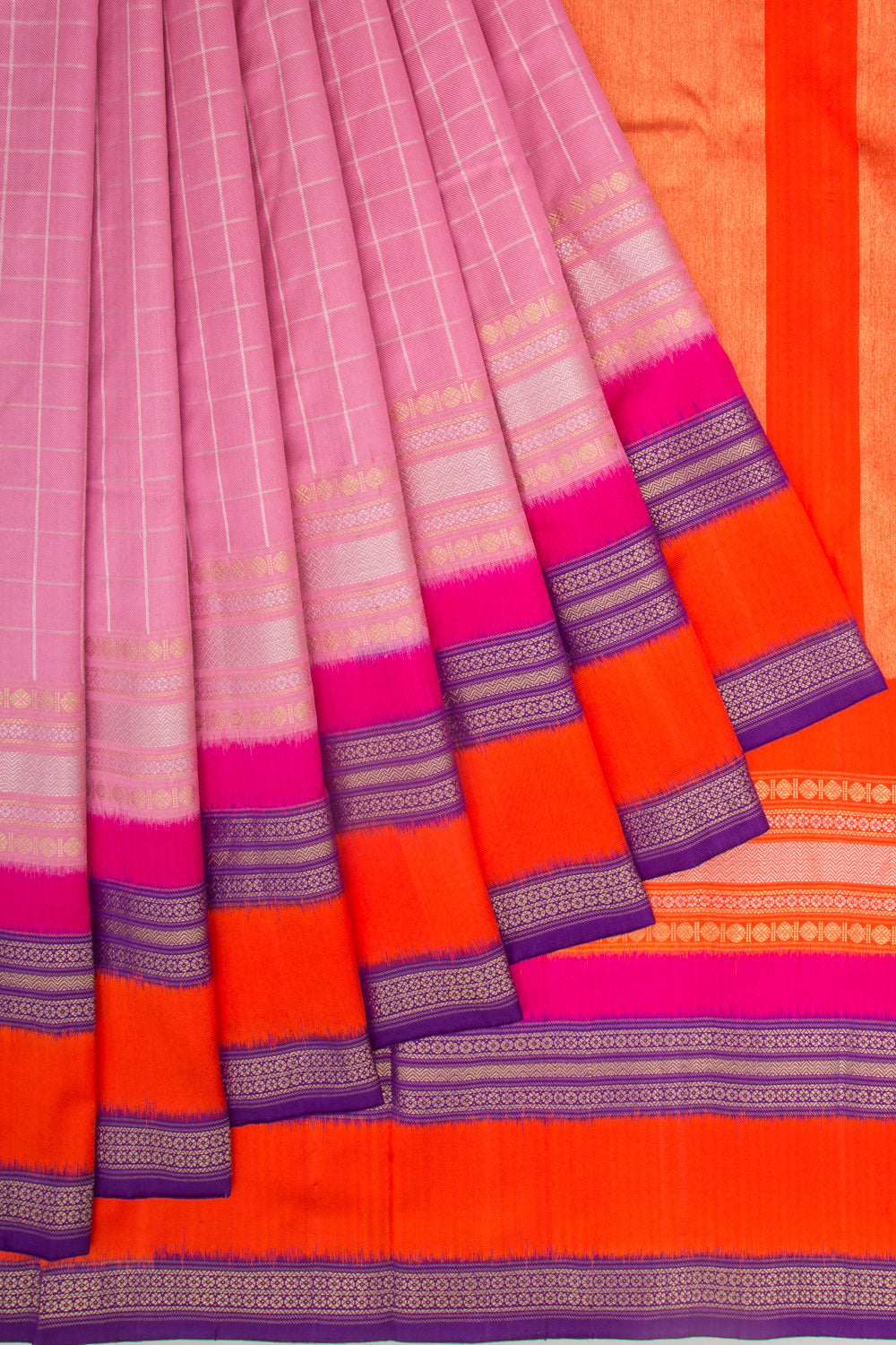 Kanchipuram Silk Twill Checks Pink Saree