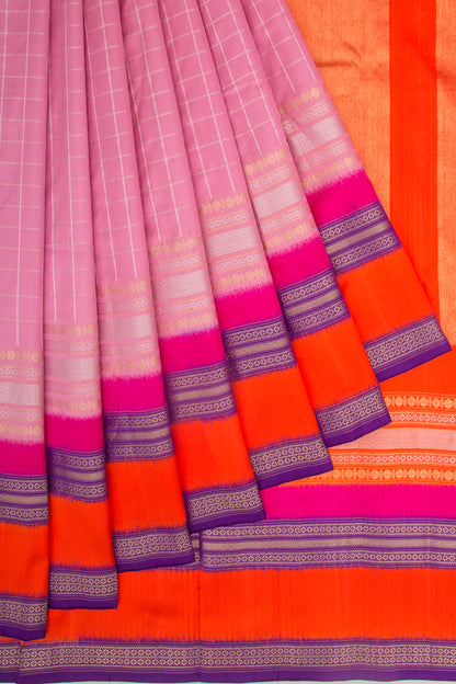 Kanchipuram Silk Twill Checks Pink Saree