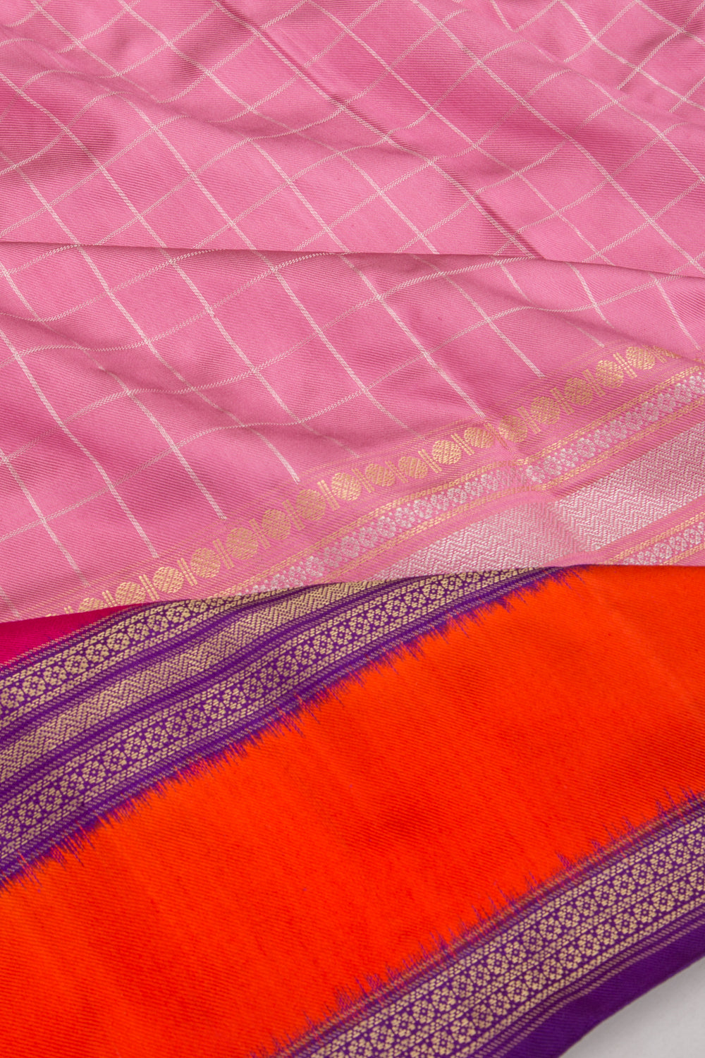 Kanchipuram Silk Twill Checks Pink Saree