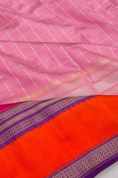 Kanchipuram Silk Twill Checks Pink Saree
