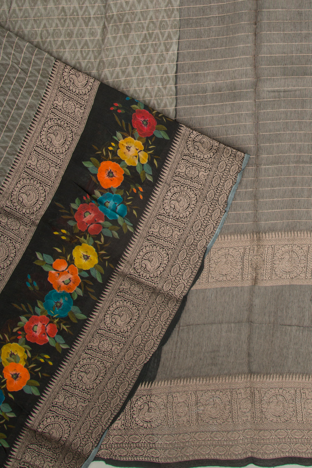 Chanderi Silk Printed And Lines Green Saree