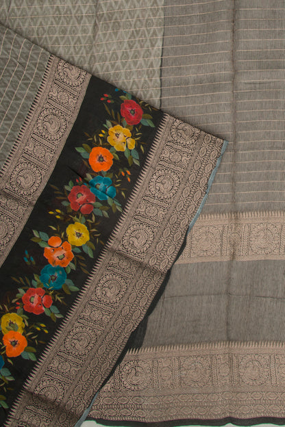 Chanderi Silk Printed And Lines Green Saree