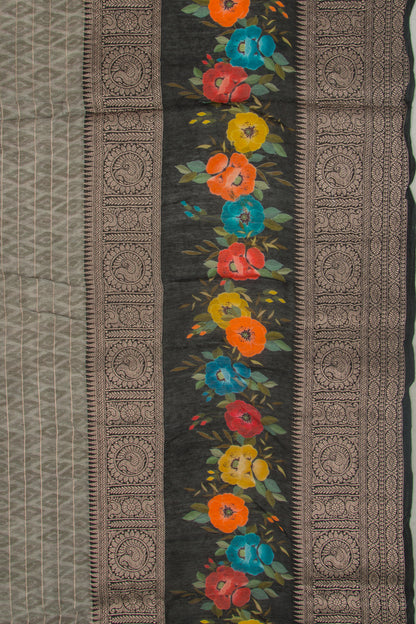 Chanderi Silk Printed And Lines Green Saree