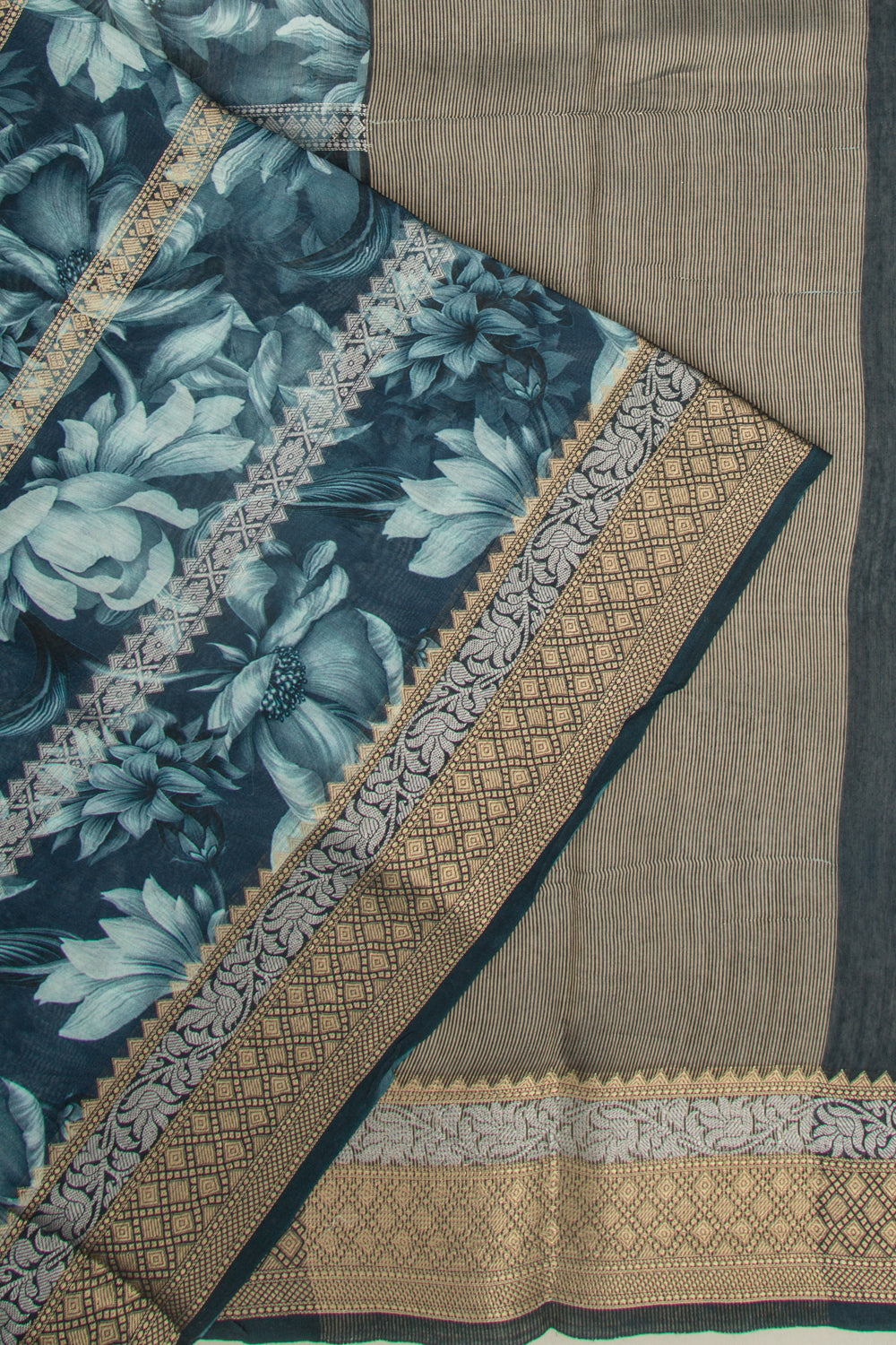 Chanderi Silk Floral Printed And Brocade Dark Blue Saree