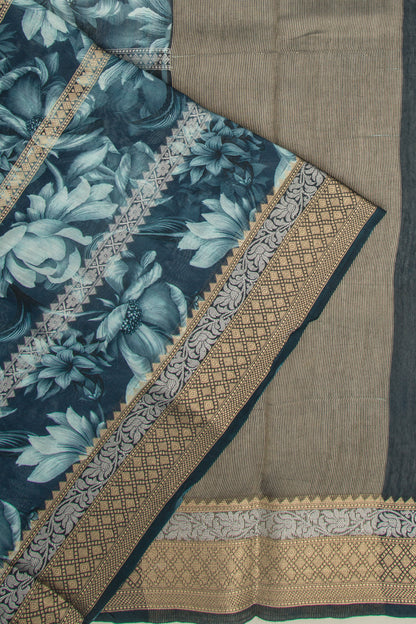 Chanderi Silk Floral Printed And Brocade Dark Blue Saree