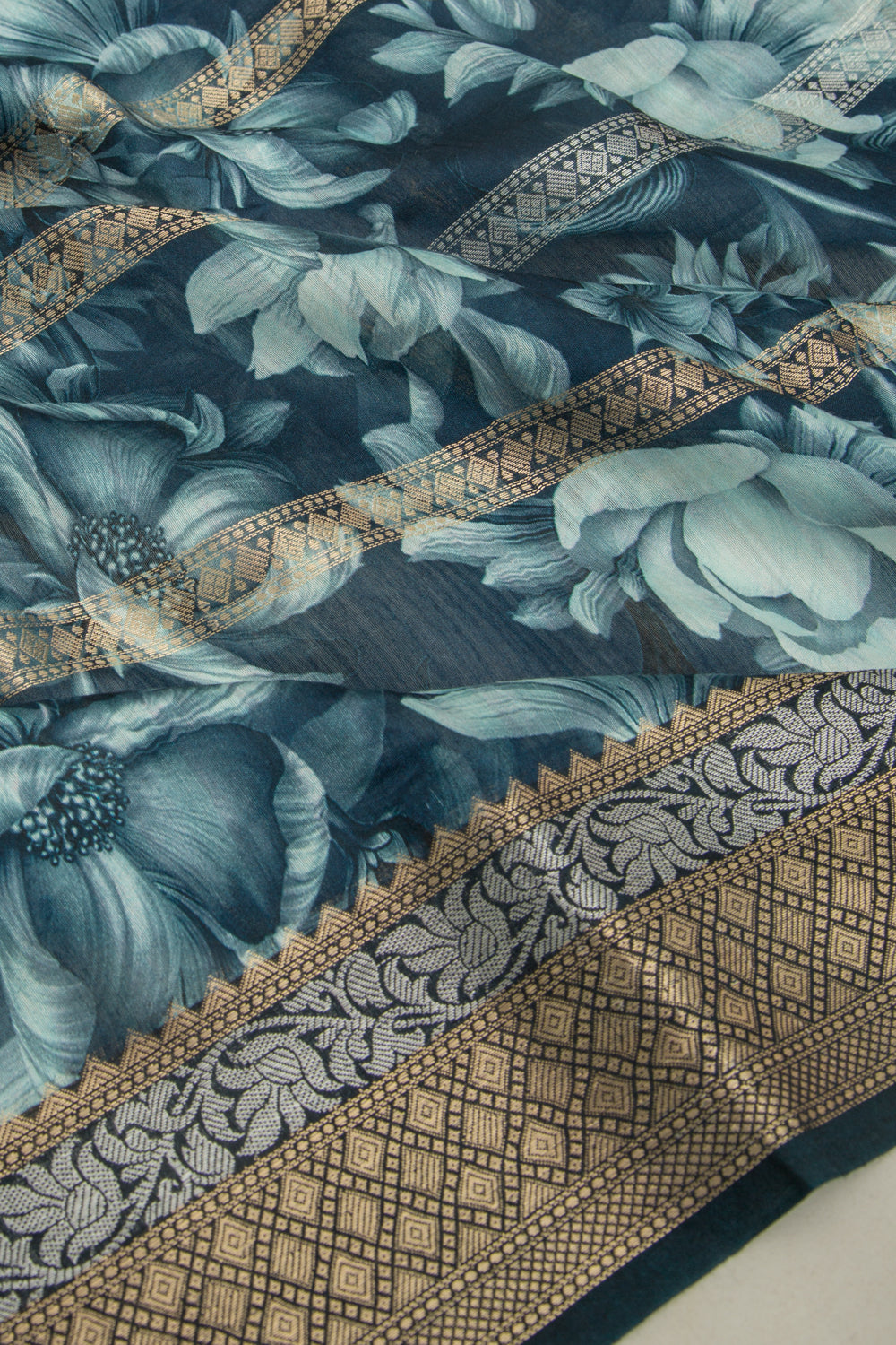 Chanderi Silk Floral Printed And Brocade Dark Blue Saree