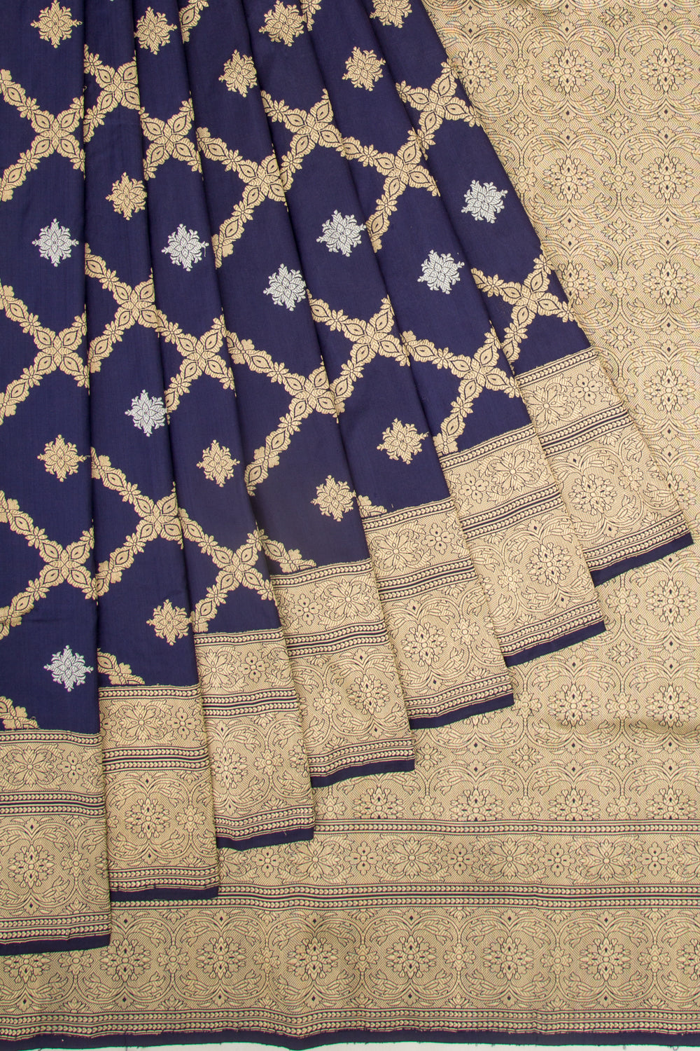 Banarasi Silk Kadwa Criss Cross Checks And Butta Dark Blue Saree