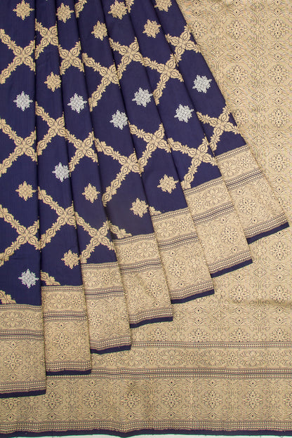 Banarasi Silk Kadwa Criss Cross Checks And Butta Dark Blue Saree