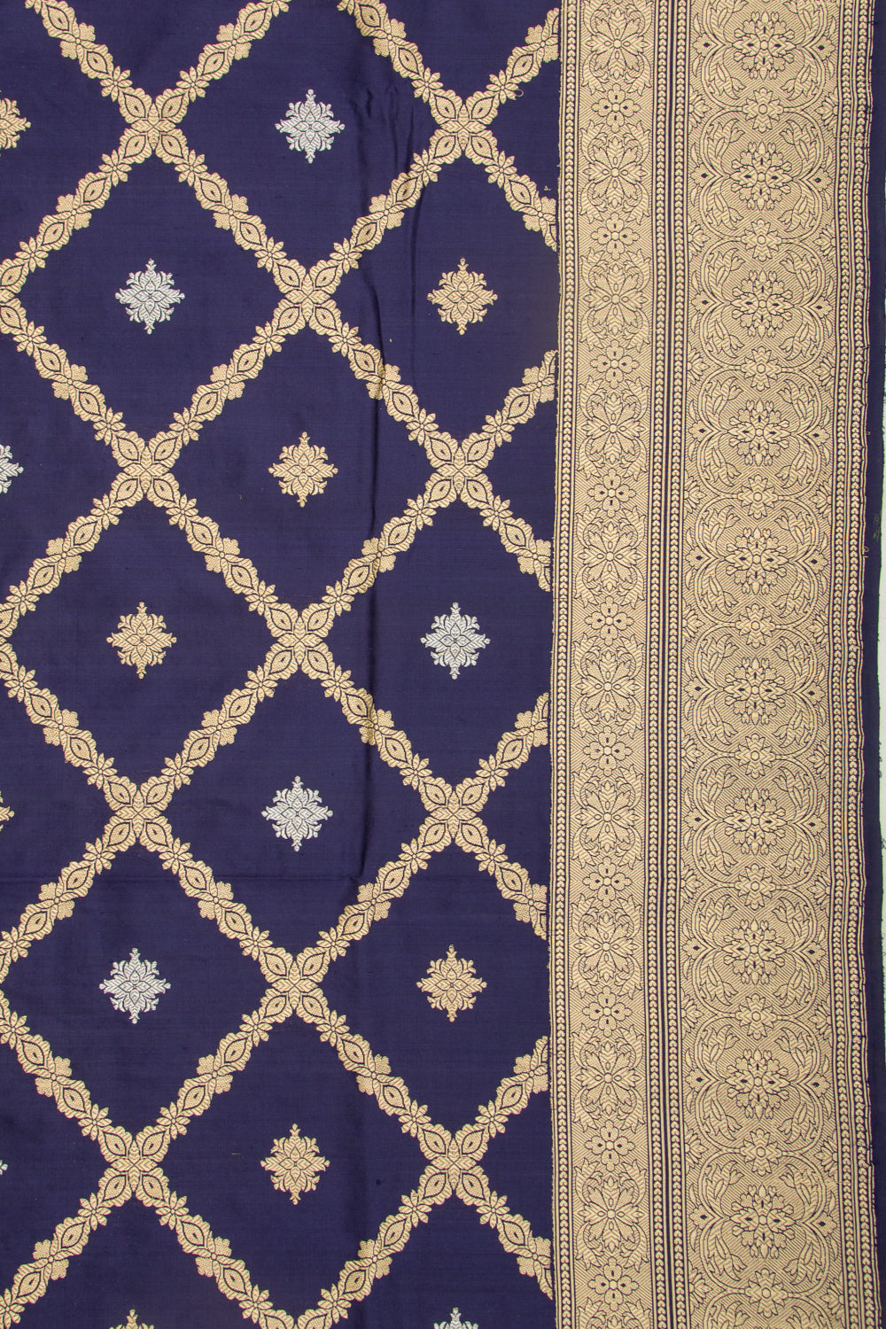 Banarasi Silk Kadwa Criss Cross Checks And Butta Dark Blue Saree