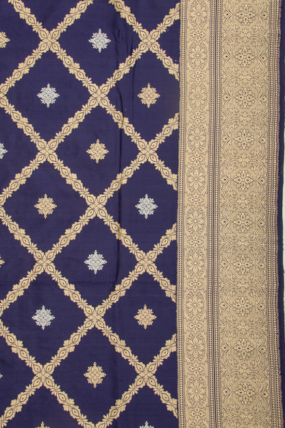Banarasi Silk Kadwa Criss Cross Checks And Butta Dark Blue Saree