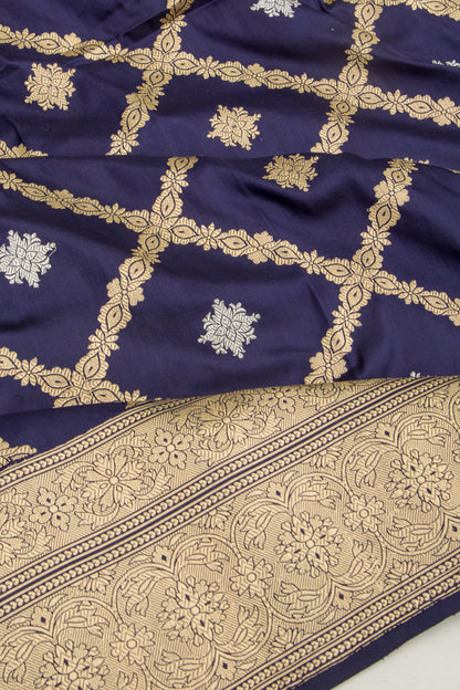 Banarasi Silk Kadwa Criss Cross Checks And Butta Dark Blue Saree