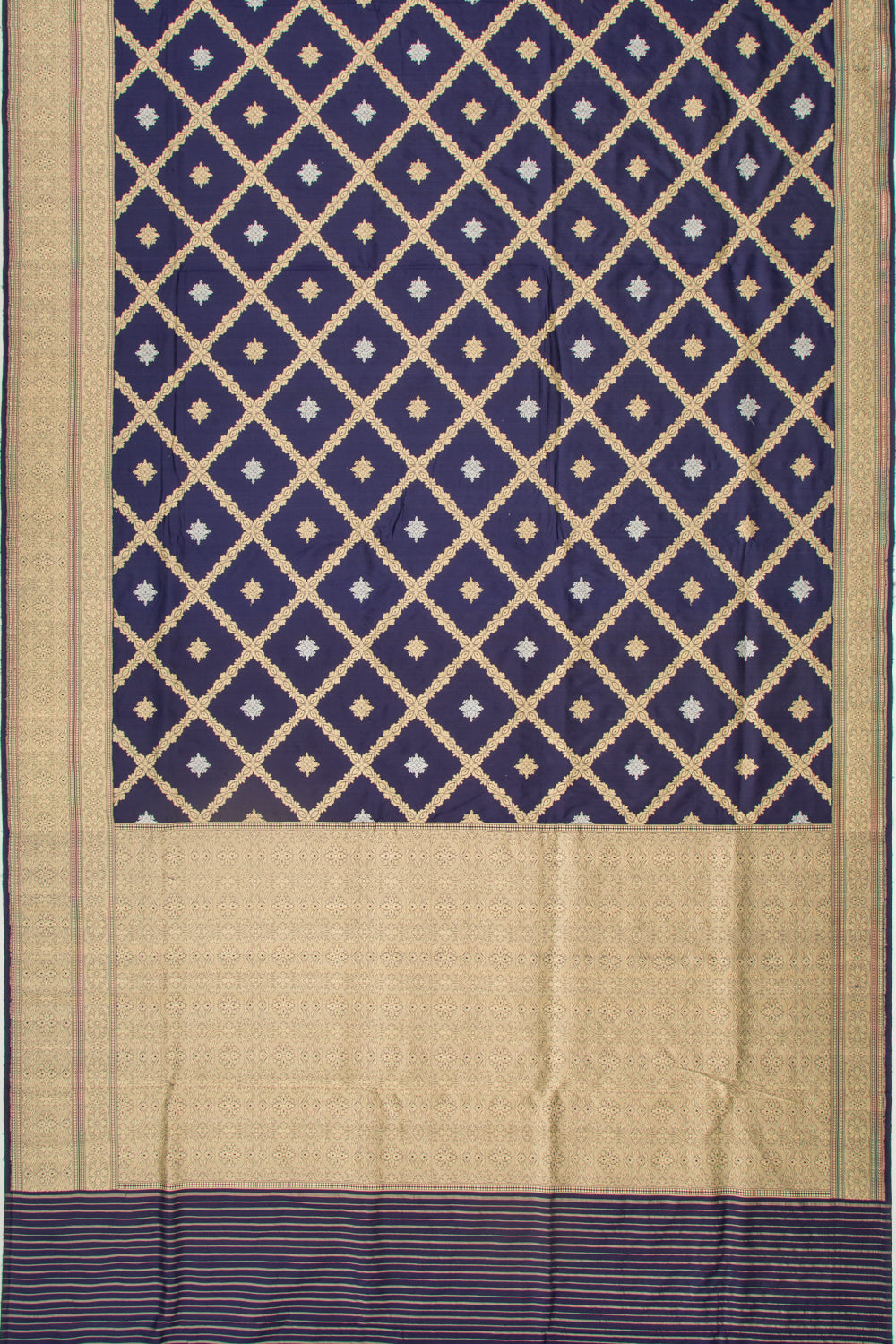 Banarasi Silk Kadwa Criss Cross Checks And Butta Dark Blue Saree
