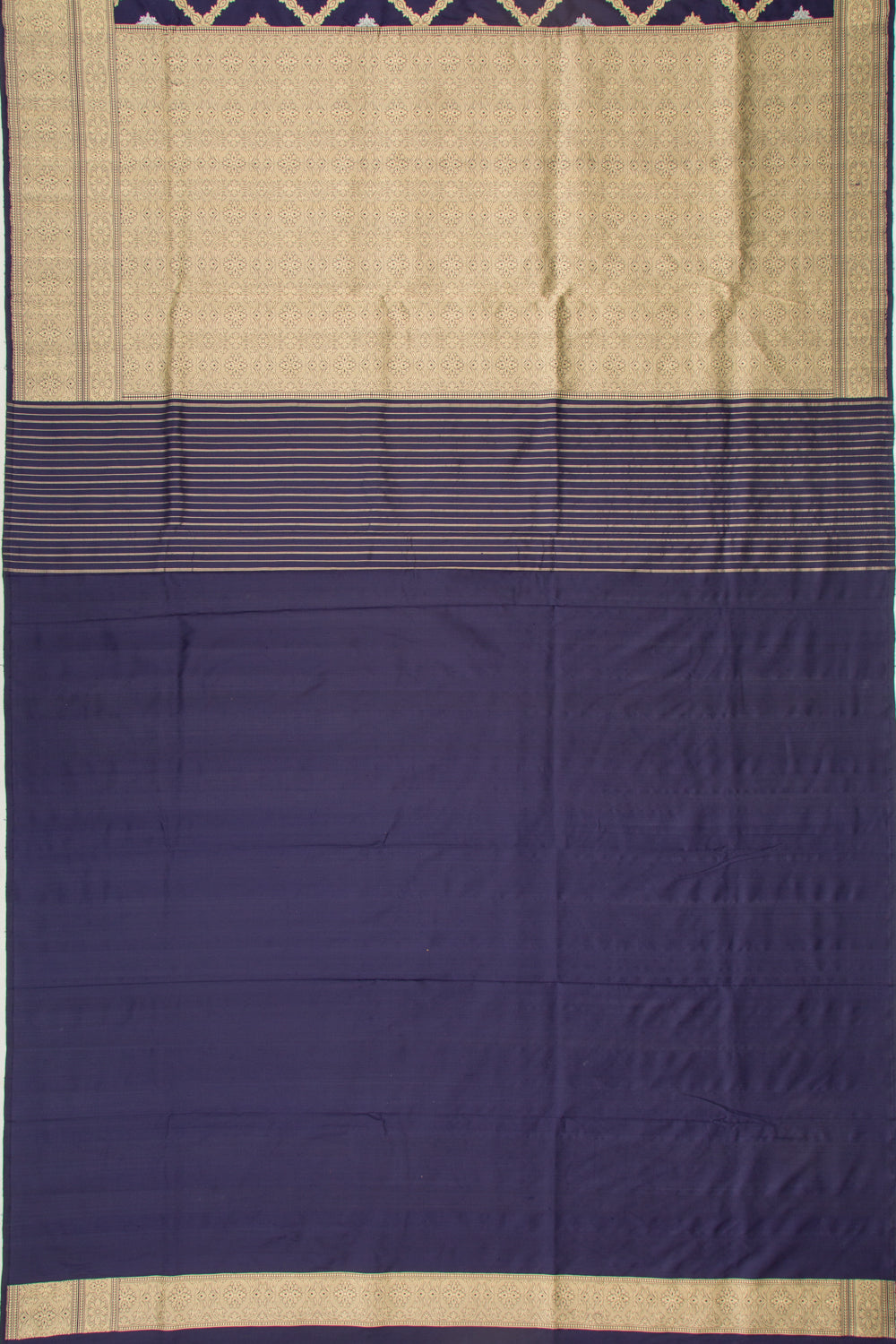 Banarasi Silk Kadwa Criss Cross Checks And Butta Dark Blue Saree