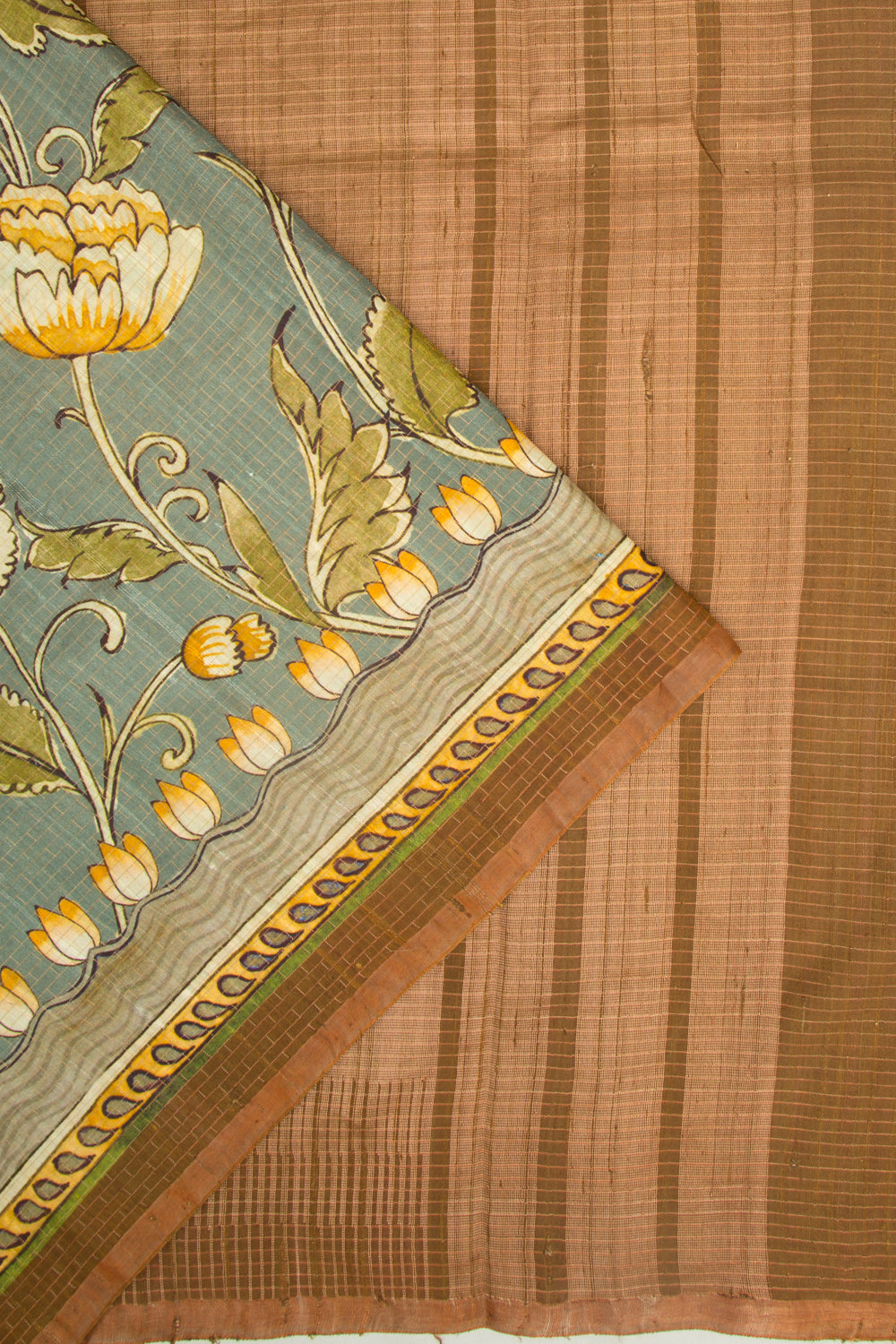 Soft Tussar Floral Printed And Checks Grey Saree
