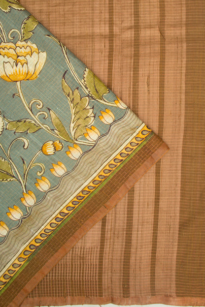 Soft Tussar Floral Printed And Checks Grey Saree
