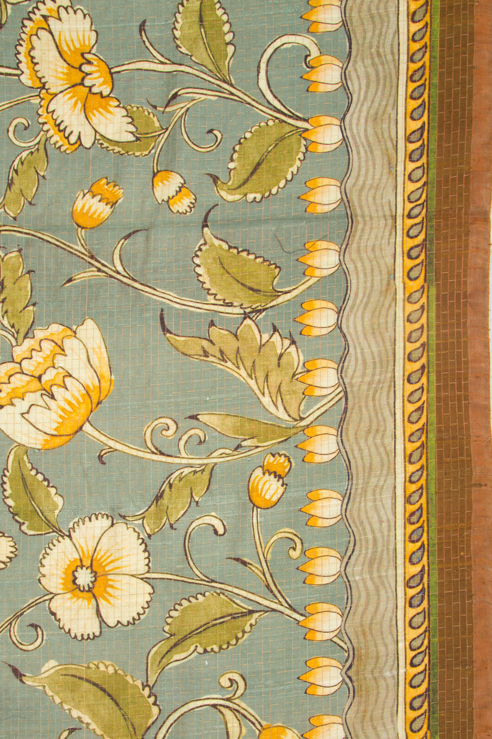 Soft Tussar Floral Printed And Checks Grey Saree