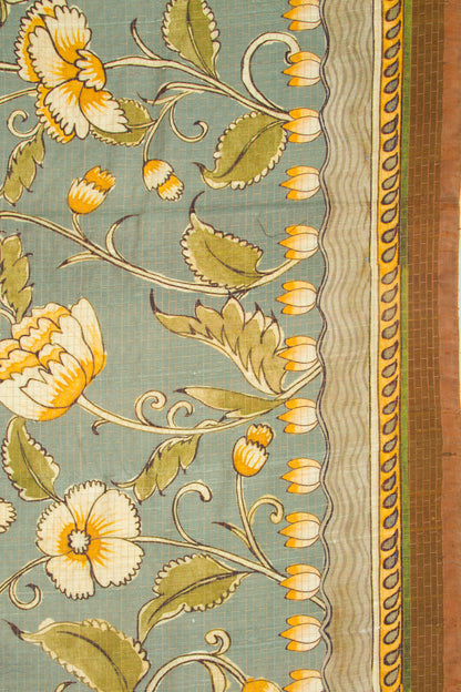 Soft Tussar Floral Printed And Checks Grey Saree