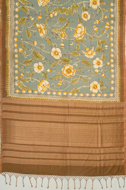 Soft Tussar Floral Printed And Checks Grey Saree