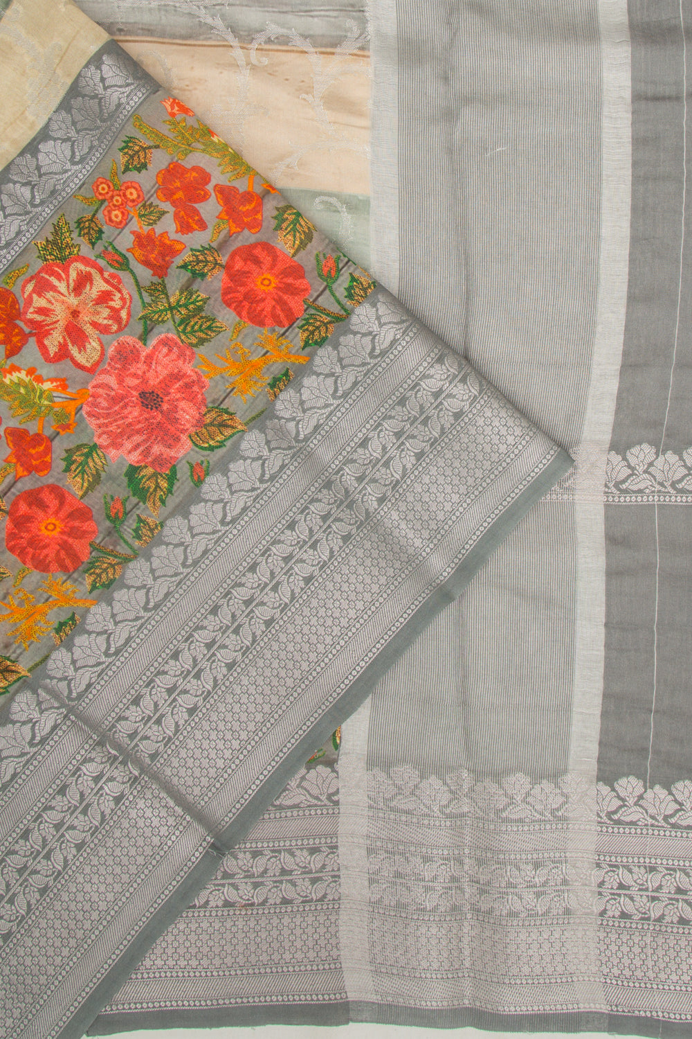 Chanderi Soft Silk Jaal Cream And Grey Saree