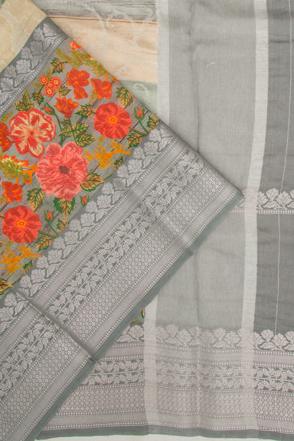 Chanderi Soft Silk Jaal Cream And Grey Saree