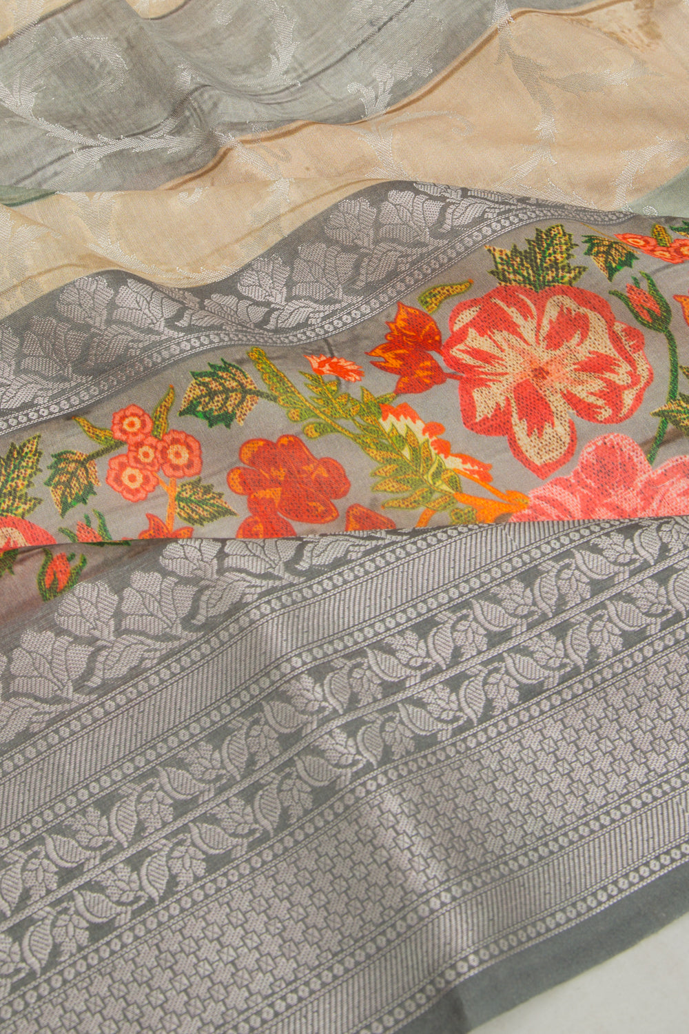 Chanderi Soft Silk Jaal Cream And Grey Saree