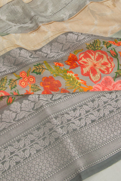 Chanderi Soft Silk Jaal Cream And Grey Saree