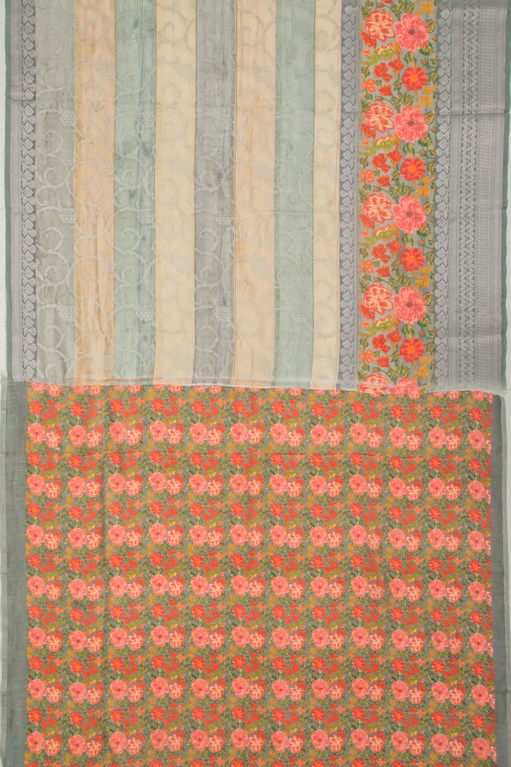 Chanderi Soft Silk Jaal Cream And Grey Saree