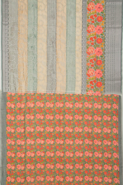 Chanderi Soft Silk Jaal Cream And Grey Saree