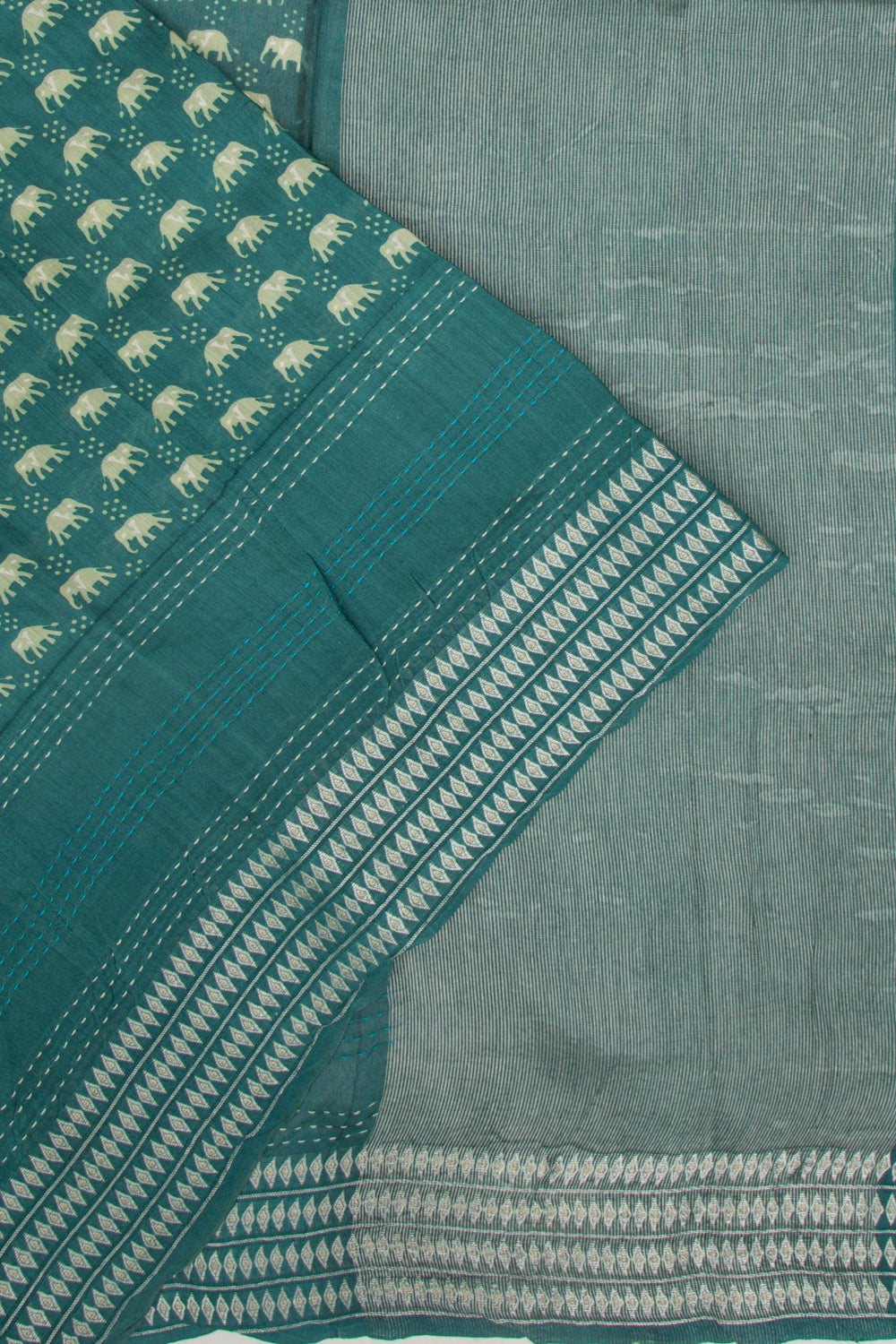 Chanderi Cotton Printed Cyan Blue Saree With Kantha Work