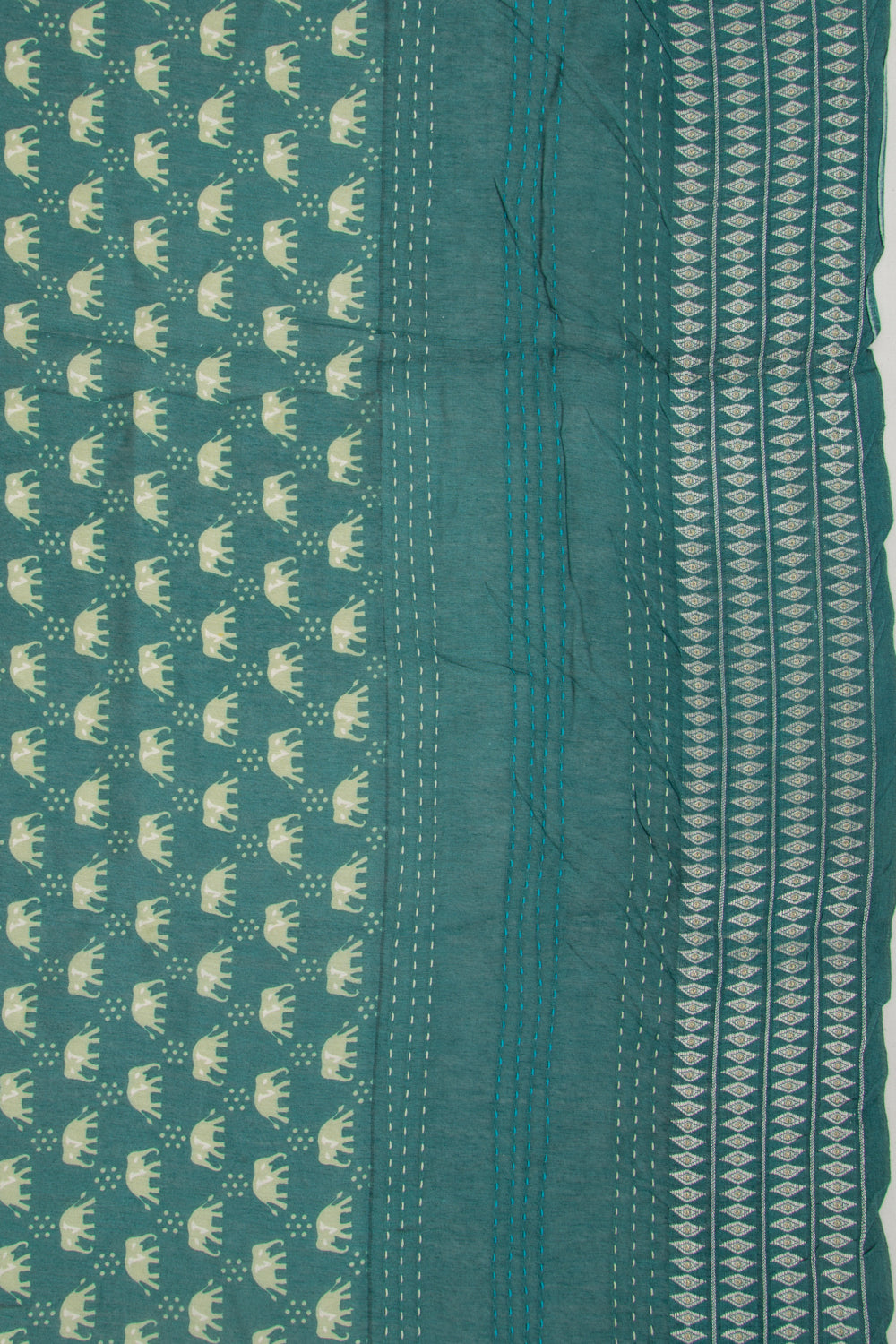 Chanderi Cotton Printed Cyan Blue Saree With Kantha Work