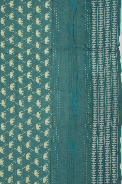 Chanderi Cotton Printed Cyan Blue Saree With Kantha Work