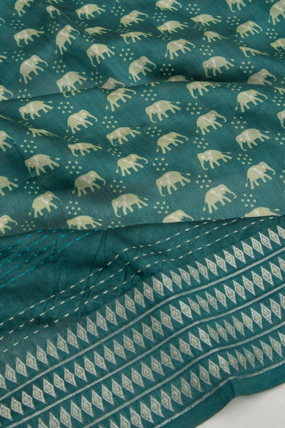 Chanderi Cotton Printed Cyan Blue Saree With Kantha Work