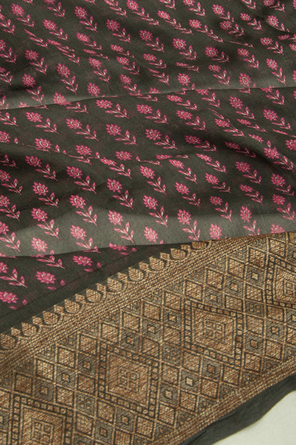 Chanderi Silk Floral Printed Black Saree