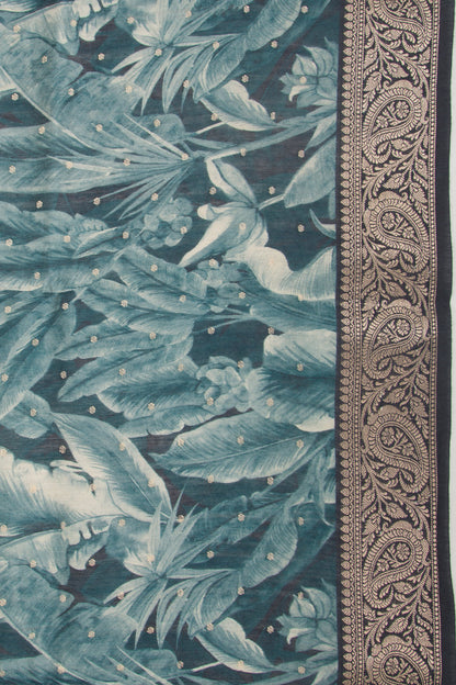 Chanderi Soft Silk Floral Printed And Butta Teal Blue Saree