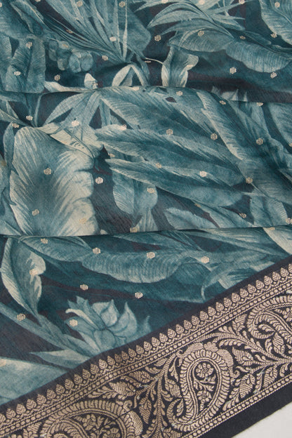 Chanderi Soft Silk Floral Printed And Butta Teal Blue Saree