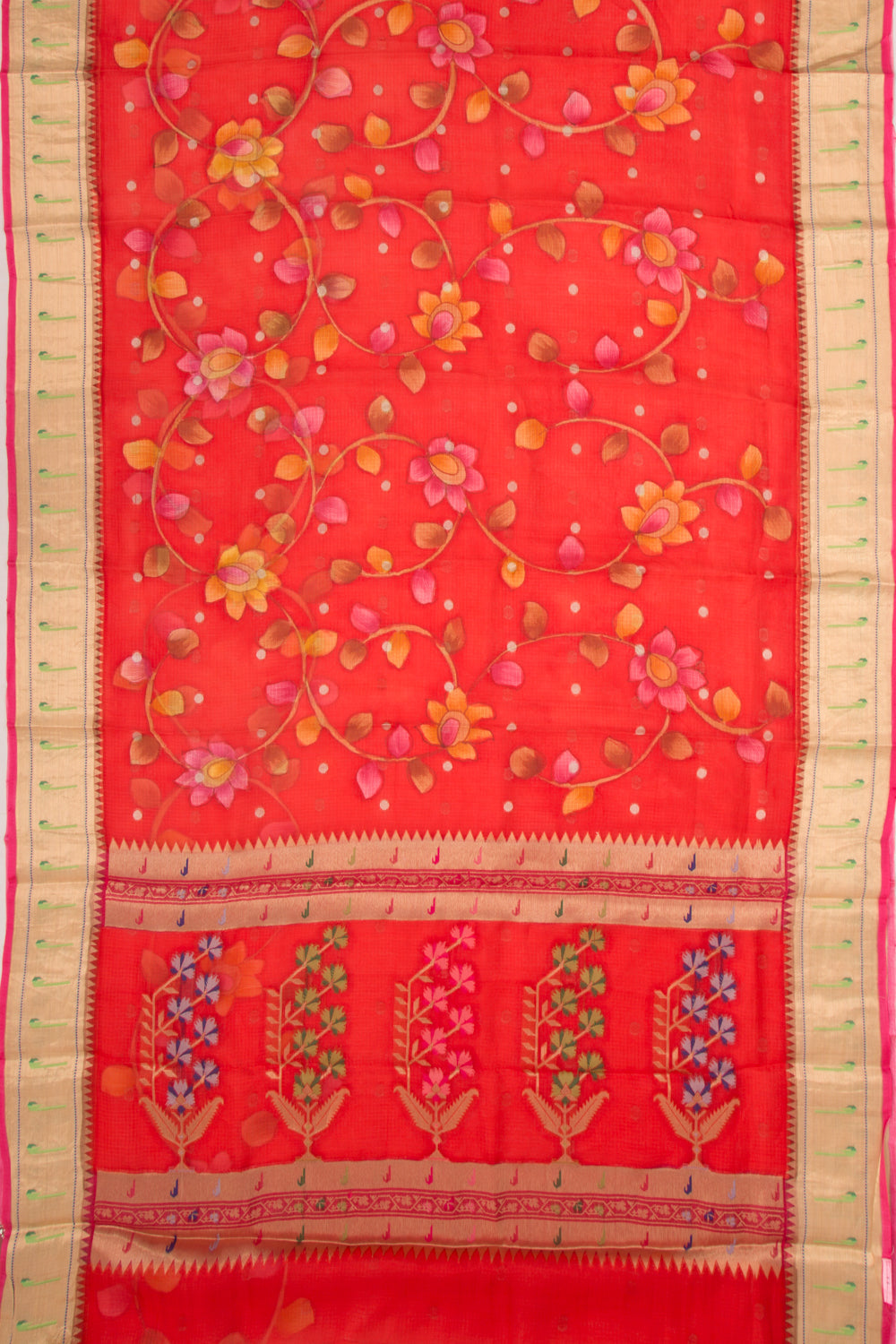 Kota Soft Silk Floral Printed And Butta Red Saree