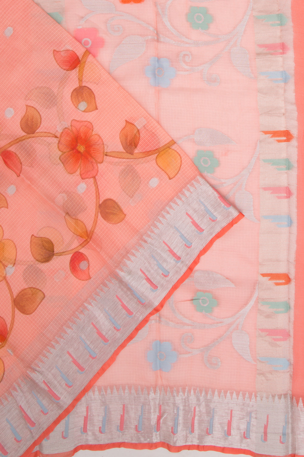 Kota Soft Silk Floral Printed And Butta Peach Saree