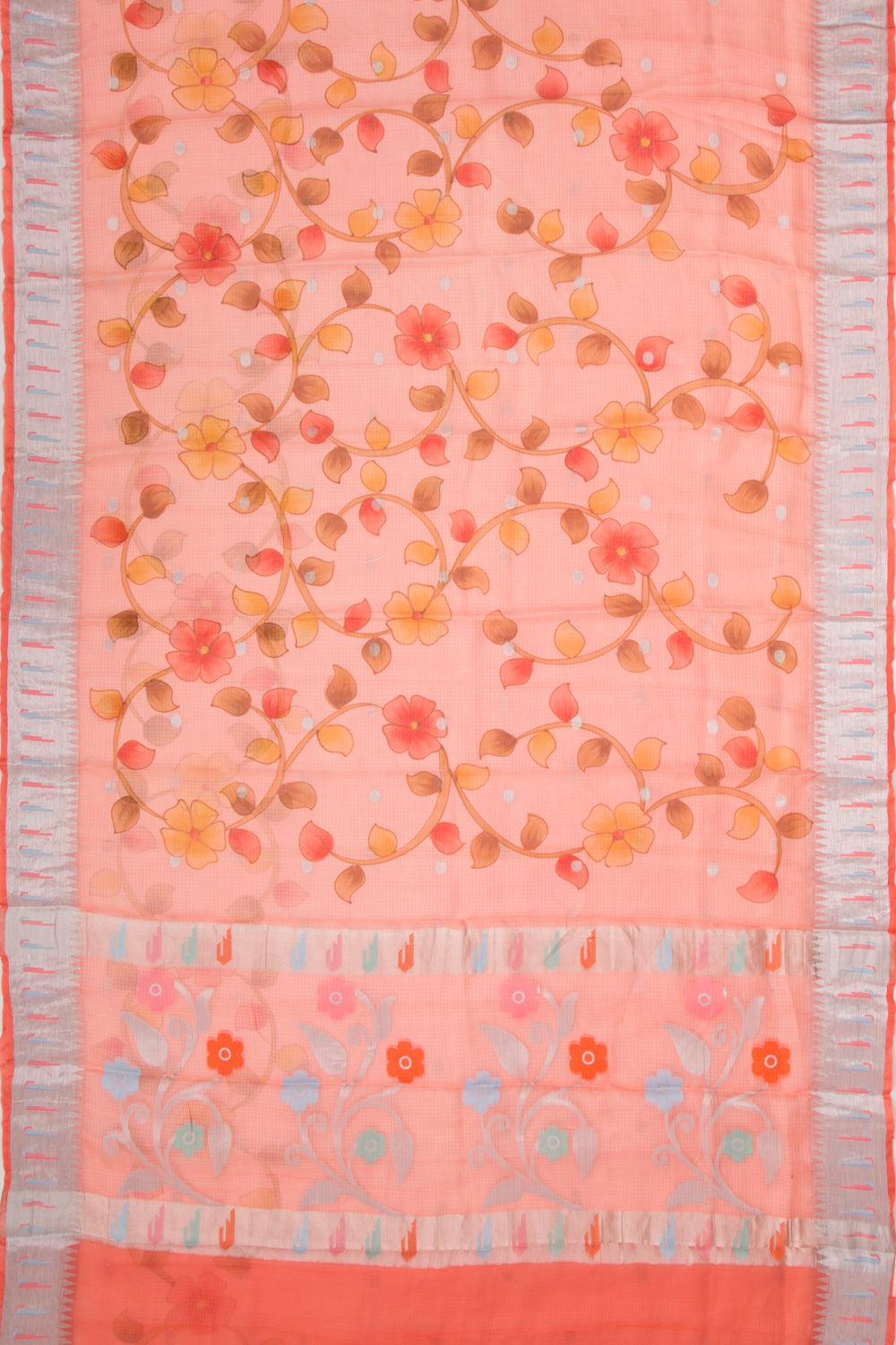 Kota Soft Silk Floral Printed And Butta Peach Saree