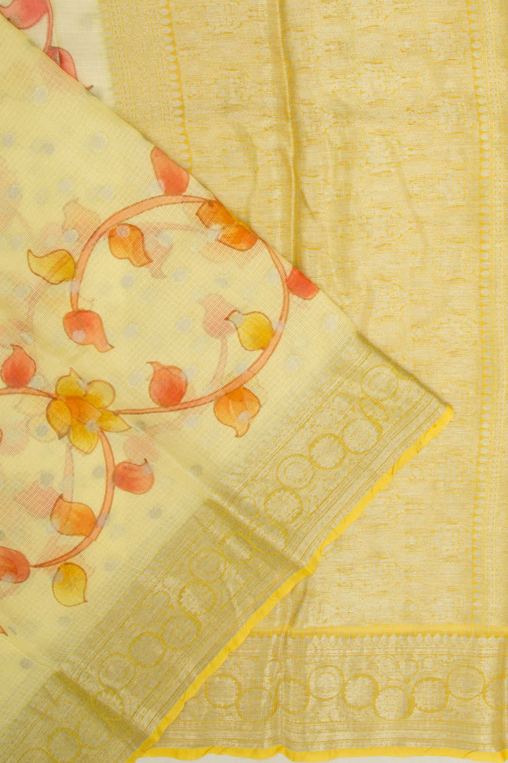 Kota Soft Silk Floral Printed And Butta Pastel Yellow Saree