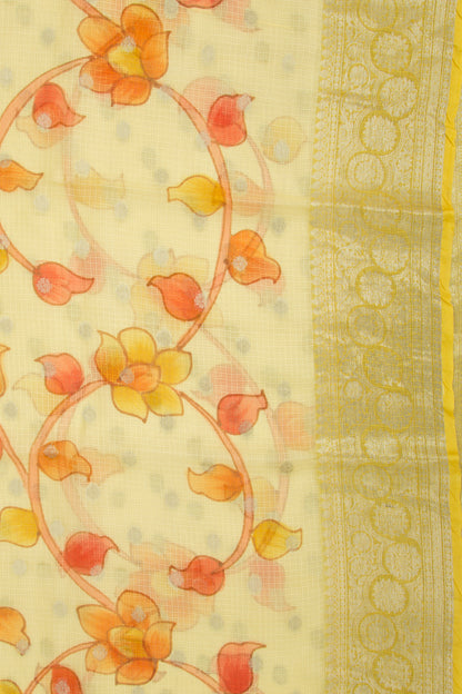 Kota Soft Silk Floral Printed And Butta Pastel Yellow Saree