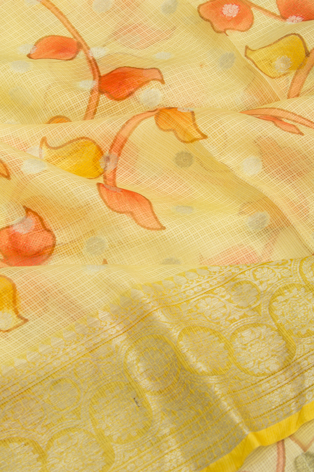 Kota Soft Silk Floral Printed And Butta Pastel Yellow Saree