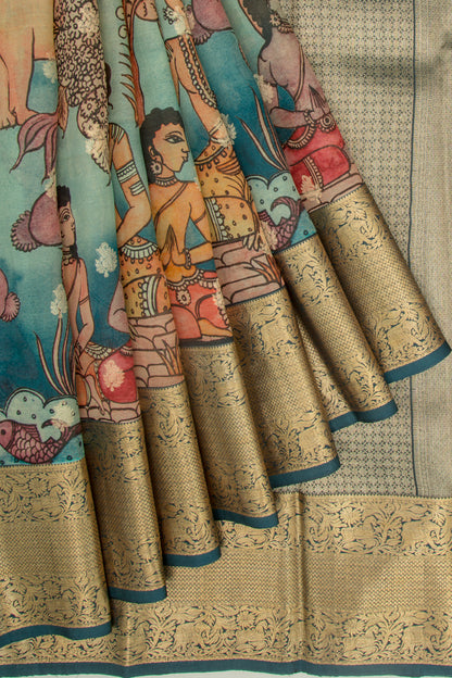 Kanchipuram Silk Kalamkari Blue Saree