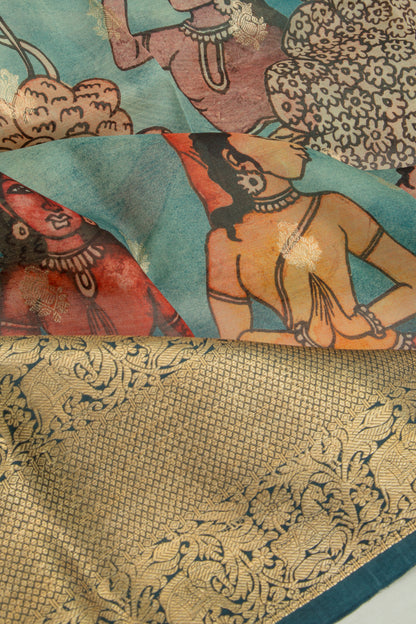 Kanchipuram Silk Kalamkari Blue Saree