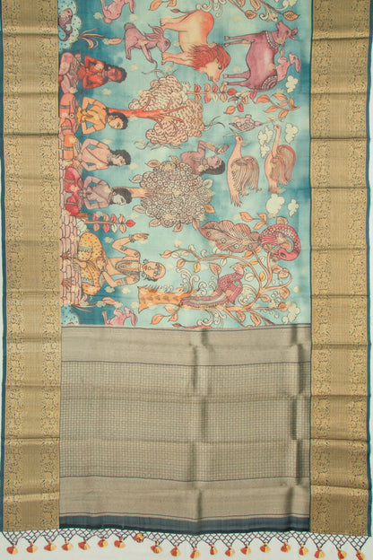 Kanchipuram Silk Kalamkari Blue Saree