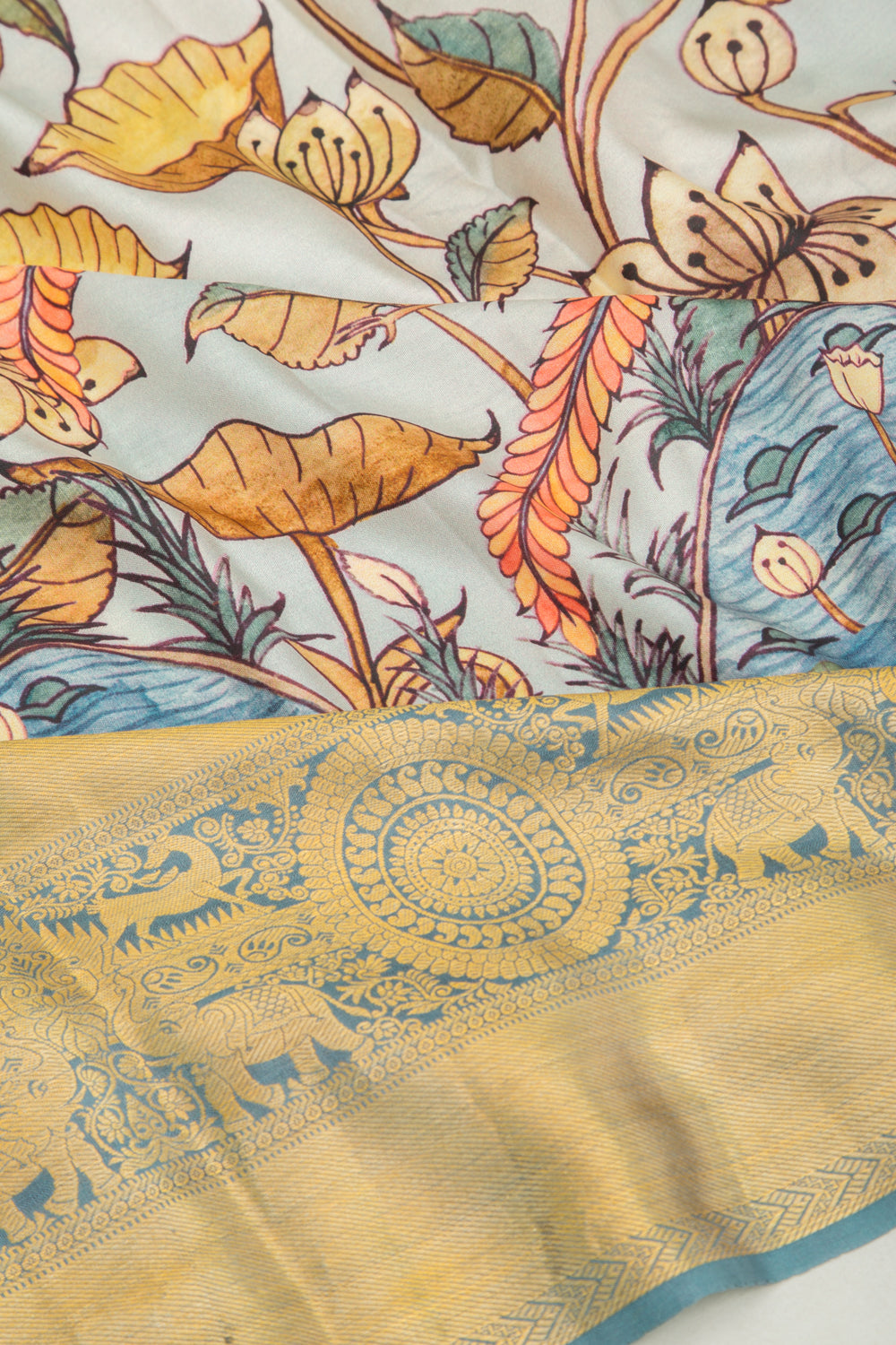 Kanchipuram Silk Floral Printed Pastel Blue Saree