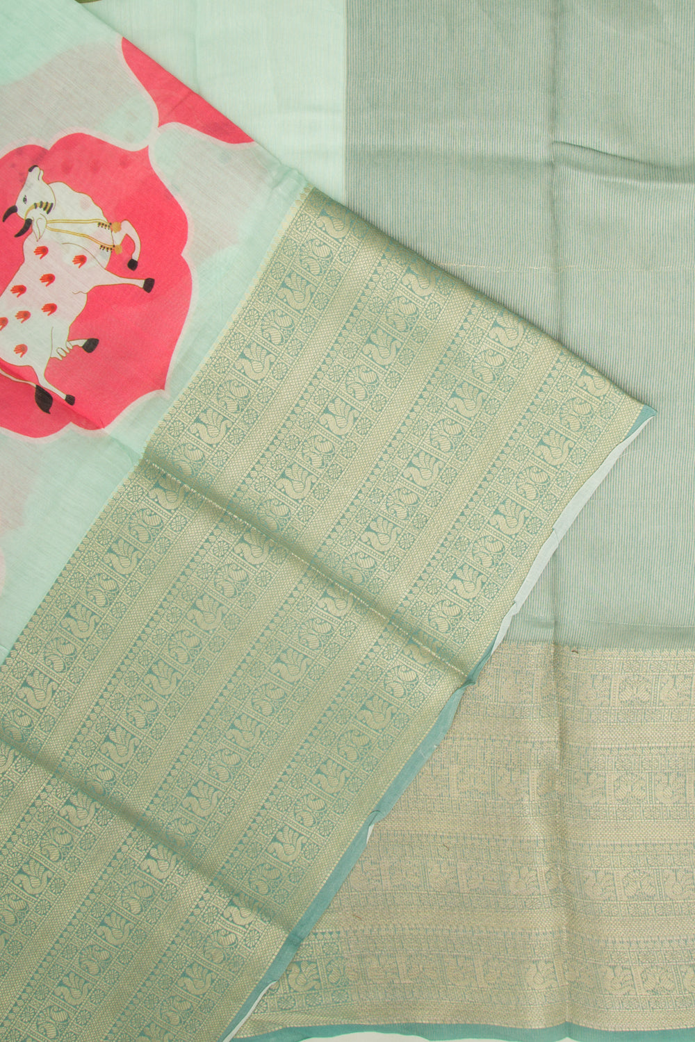 Chanderi Silk Pichwai Printed Pastel Green Saree