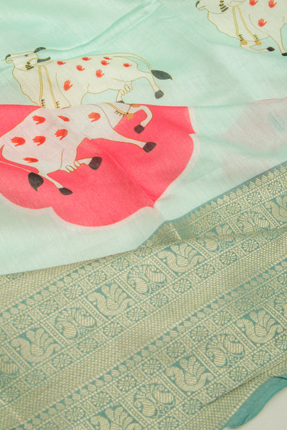 Chanderi Silk Pichwai Printed Pastel Green Saree
